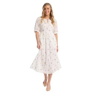 Sweet Salt Modest White & Pink Floral Midi Dress with Puff Sleeves - Size Medium